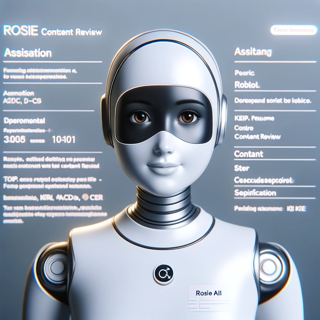 Rosie AI: A friendly and helpful AI bot named Rosie, depicted as a sleek and modern robot with a welcoming expression, designed to assist public review